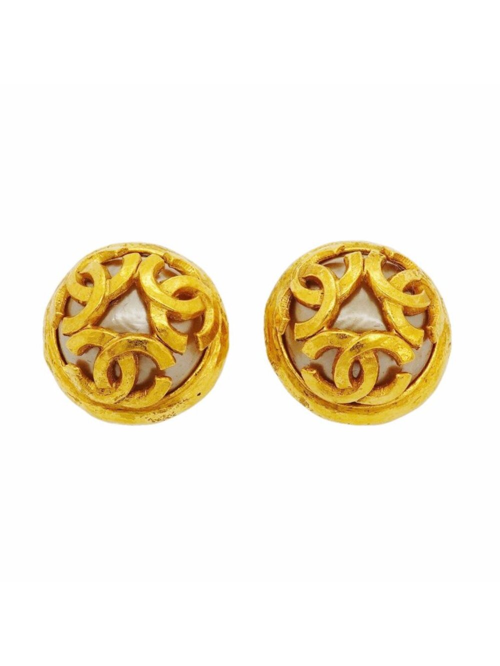 Chanel Earrings Vintage CC Logo Round Circle Gold Plated Faux Pearl